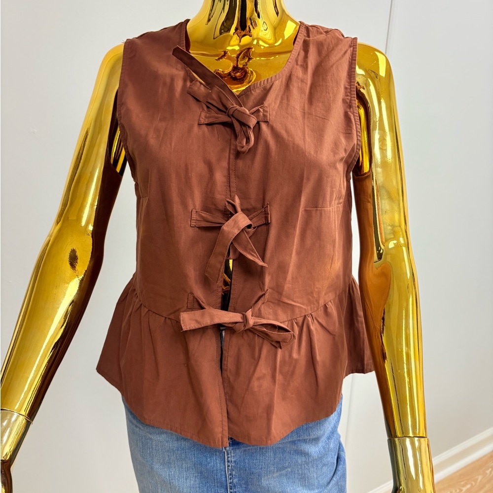Brown Sleeveless Top with Bow Accents